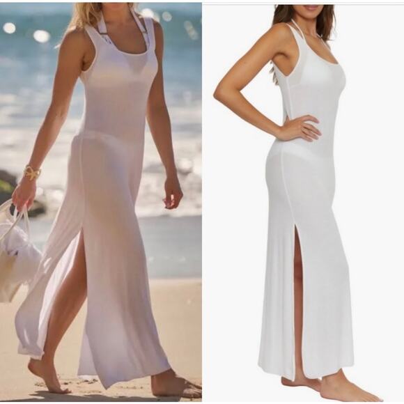 Becca Mykonos Semisheer Ribbed Beach Cover Up Tank Maxi Dress White Size L NWT - Picture 4 of 10
